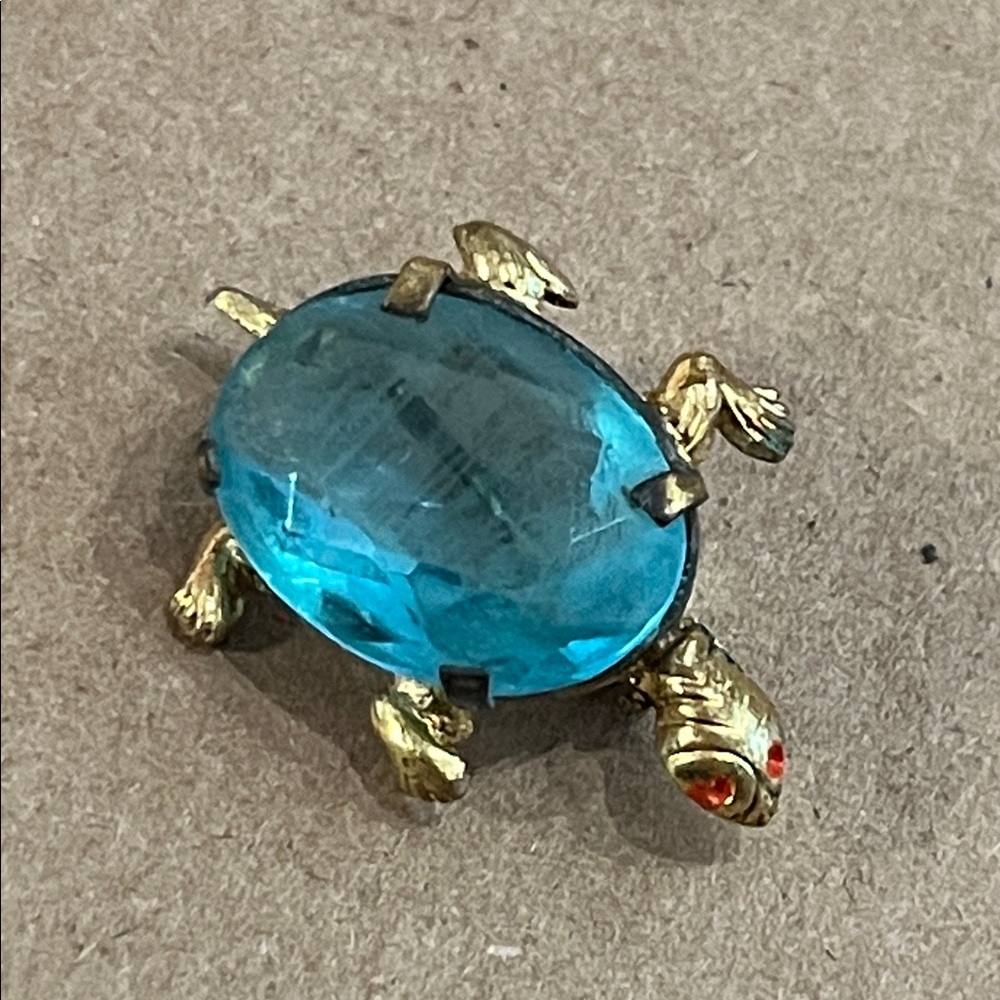 Gold Turtle Brooch with Blue Gemstone